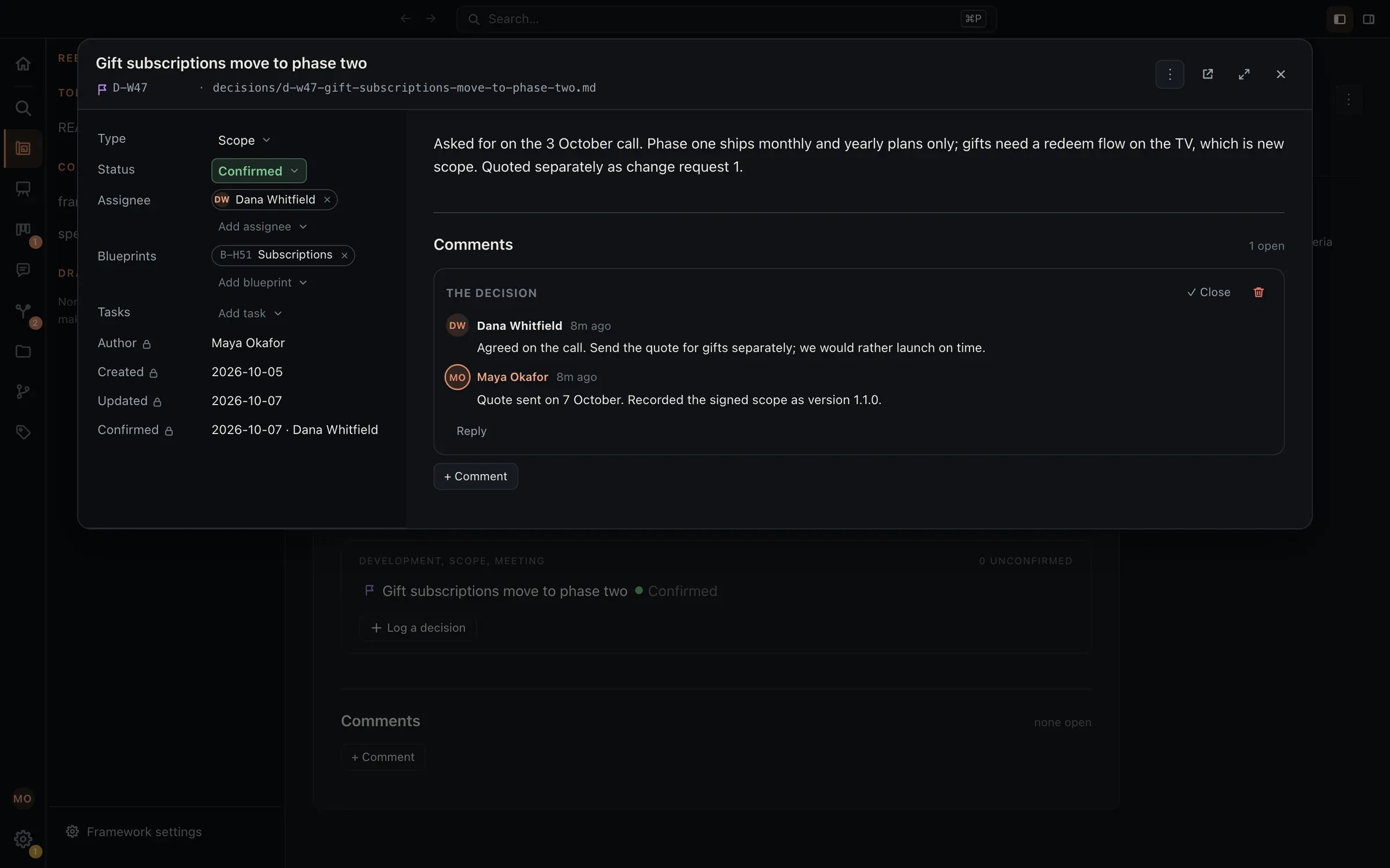A scope decision open in Eidos, “Gift subscriptions move to phase two”, confirmed by the client’s approver, Dana Whitfield, with her comment asking for a separate quote and the delivery lead’s reply recording the signed scope as version 1.1.0.