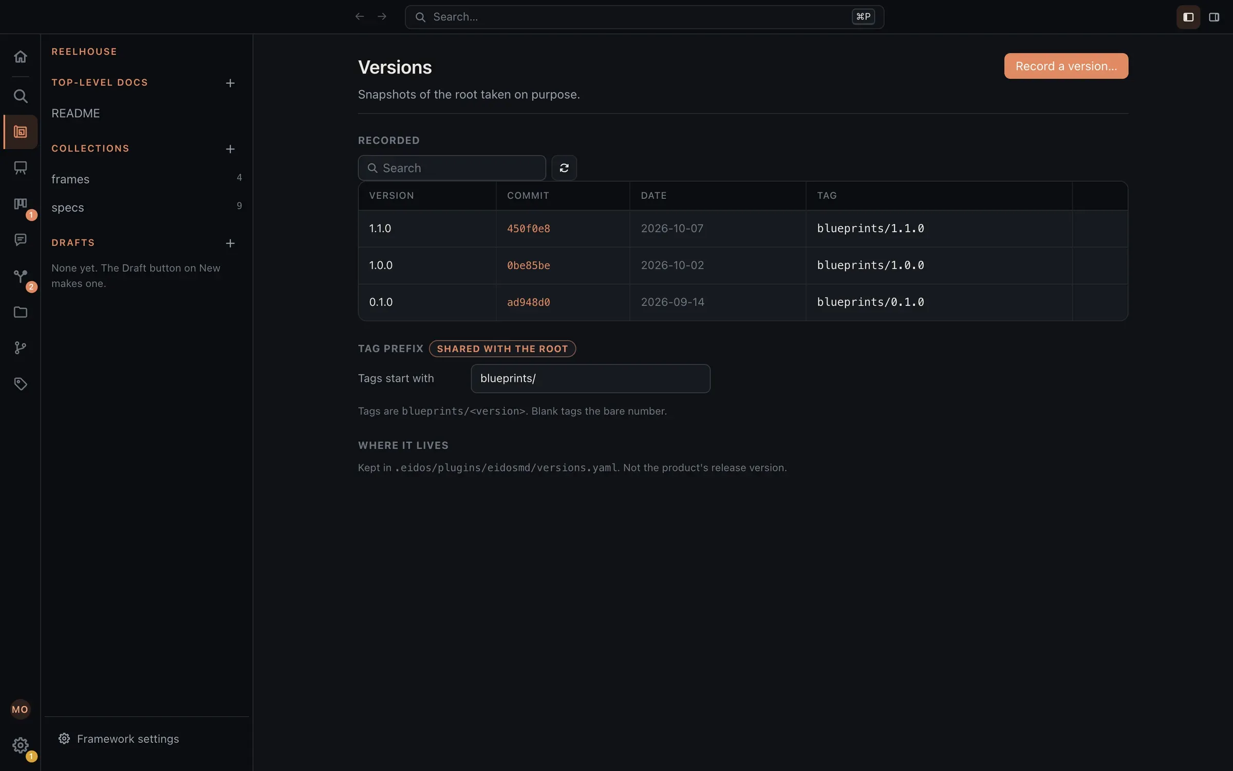 The Versions page in Eidos: three versions of a client project, 0.1.0, 1.0.0, and 1.1.0, each with its commit, its date, and its tag.