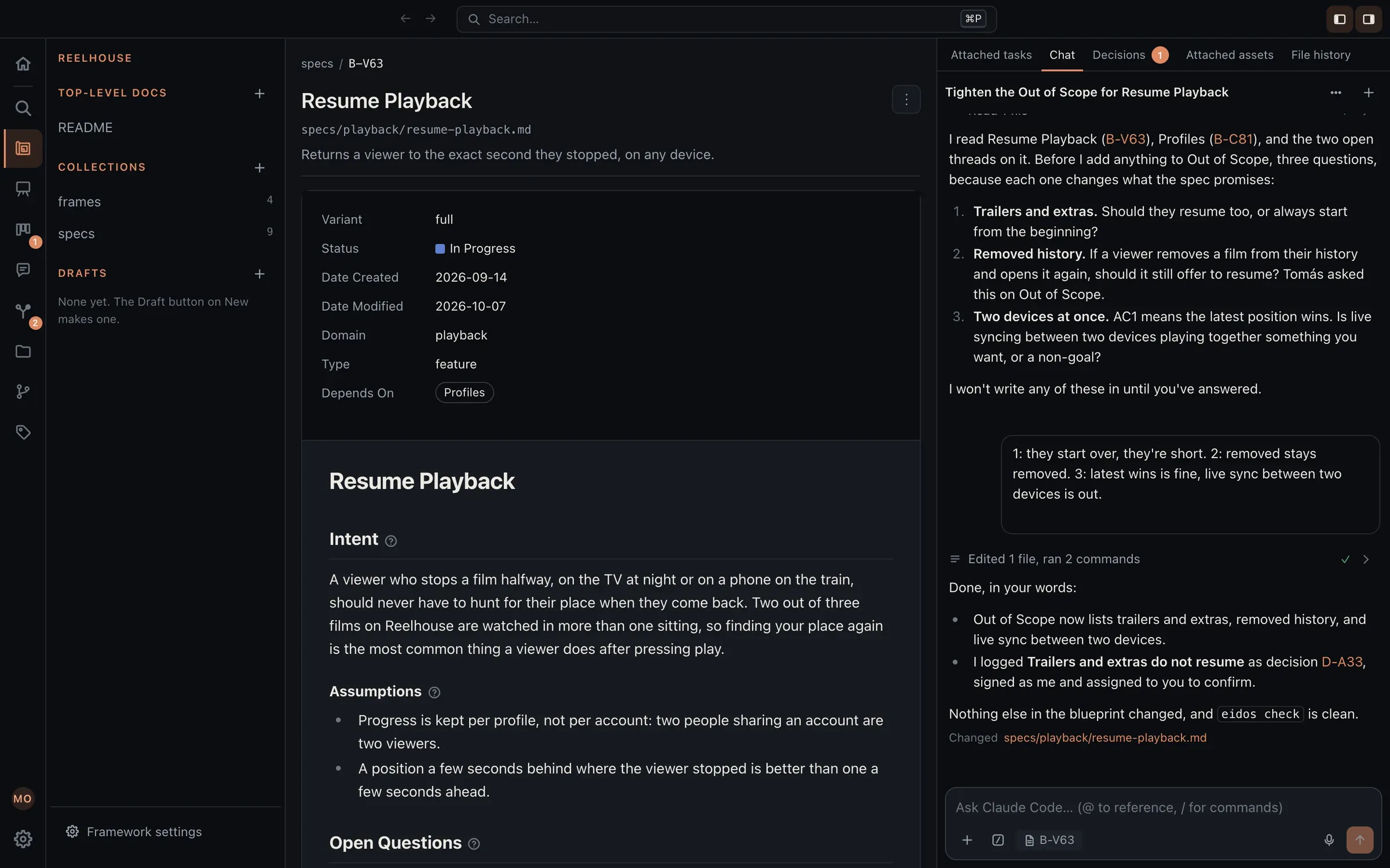 Eidos open on a streaming app. The Resume Playback blueprint is in the middle, the specs collection is in the sidebar, and the AI Agent beside it asks three scoping questions before it changes anything.