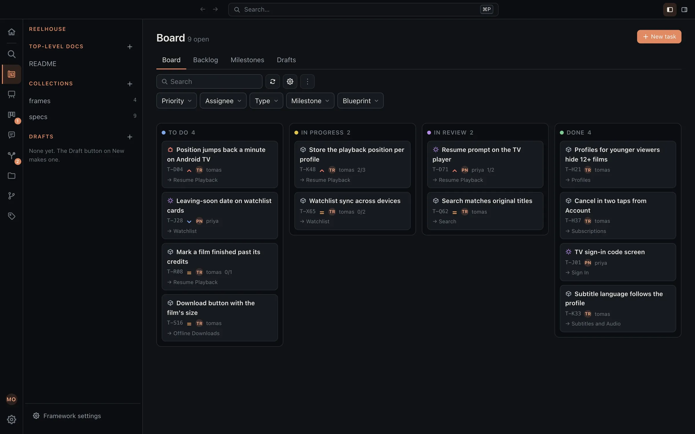 The backlog board with To Do, In Progress, In Review, and Done columns, each card naming the blueprint it serves.