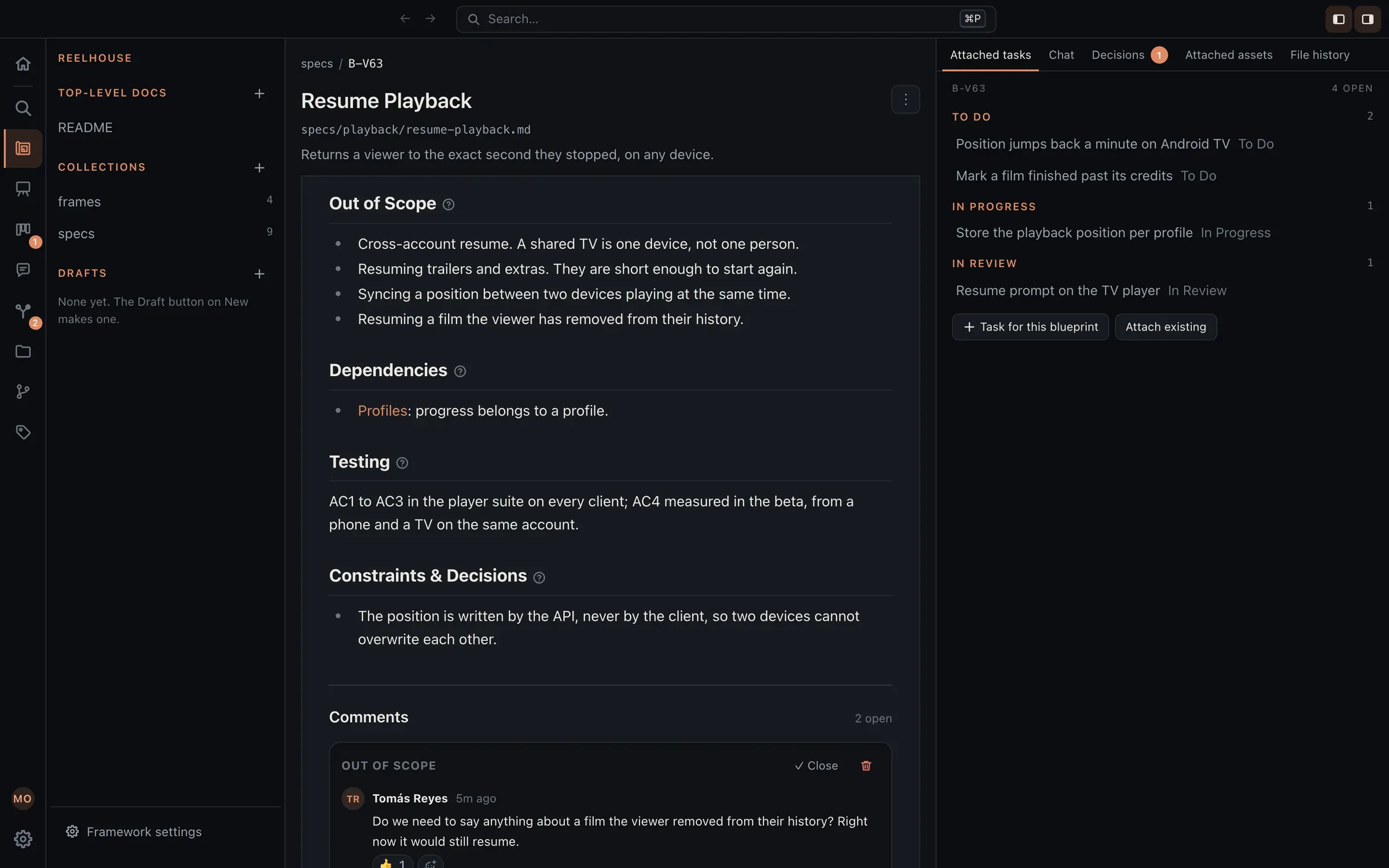 A blueprint at its Out of Scope section, a comment thread anchored there with a reaction, and the tasks attached to the blueprint in the side panel.