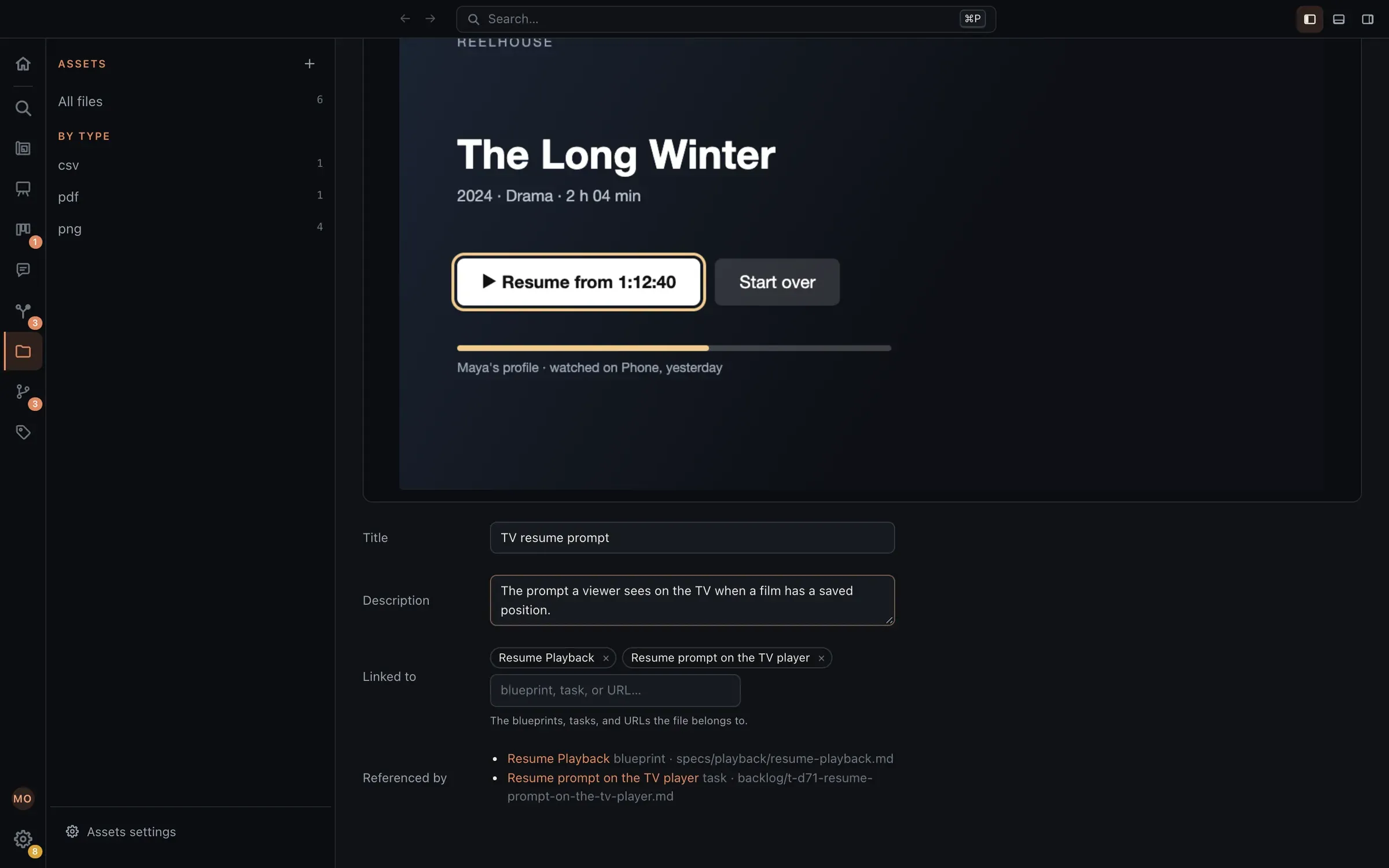 The page for a TV screen design: the image, its title and description, links to the Resume Playback spec and a design task, and the two places that reference it.