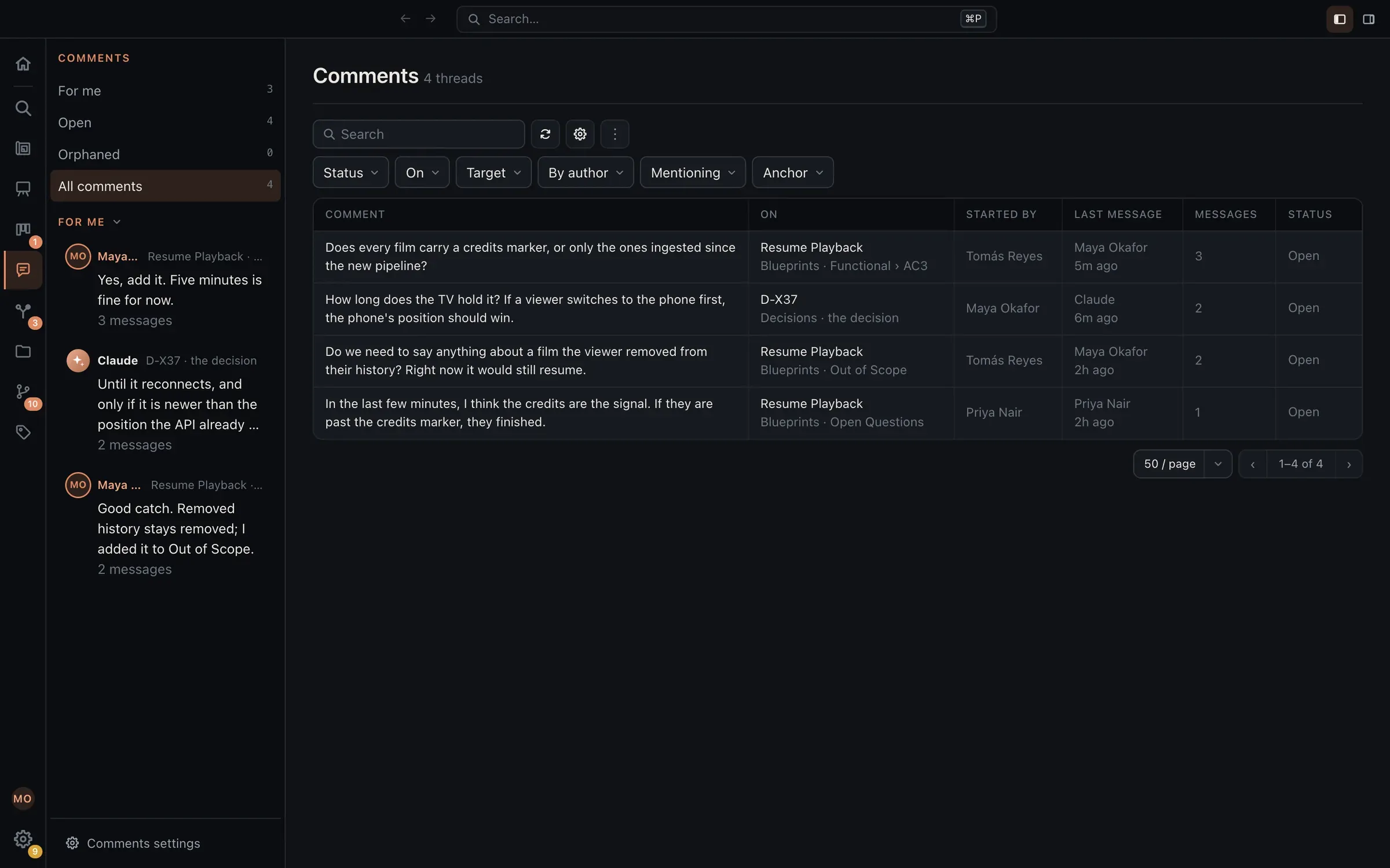 The Comments activity: four open threads in a table, three on the Resume Playback blueprint (at AC3, Out of Scope, and Open Questions) and one on decision D-X37, each with who started it, the last message, and its count. The sidebar lists the threads for me.