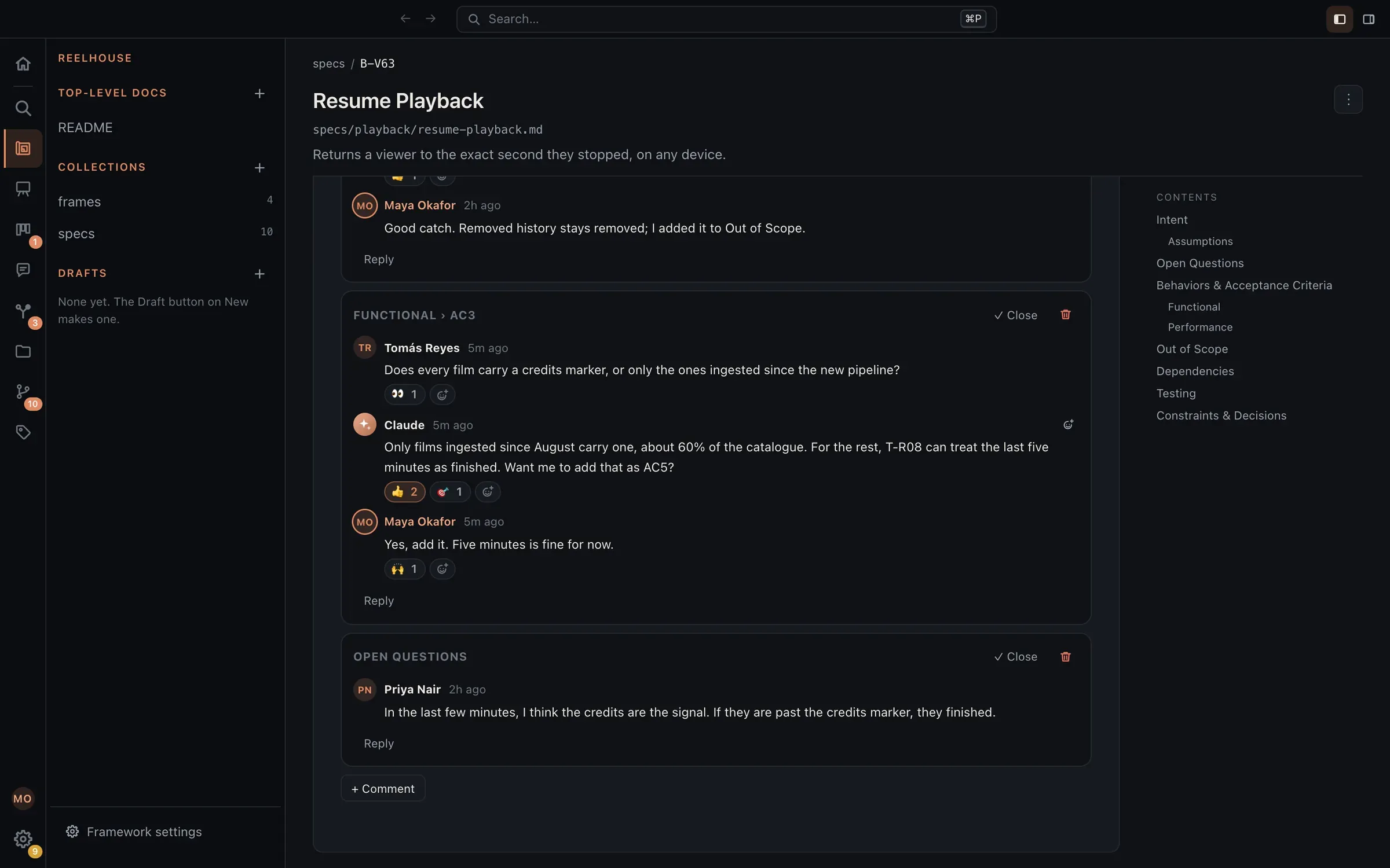 Comment threads at the foot of the Resume Playback blueprint. One is anchored to Functional › AC3: Tomás Reyes asks whether every film carries a credits marker, Claude answers and offers to add an acceptance criterion, and Maya Okafor says yes. Reactions sit under each message, and each thread has Close and Reply.