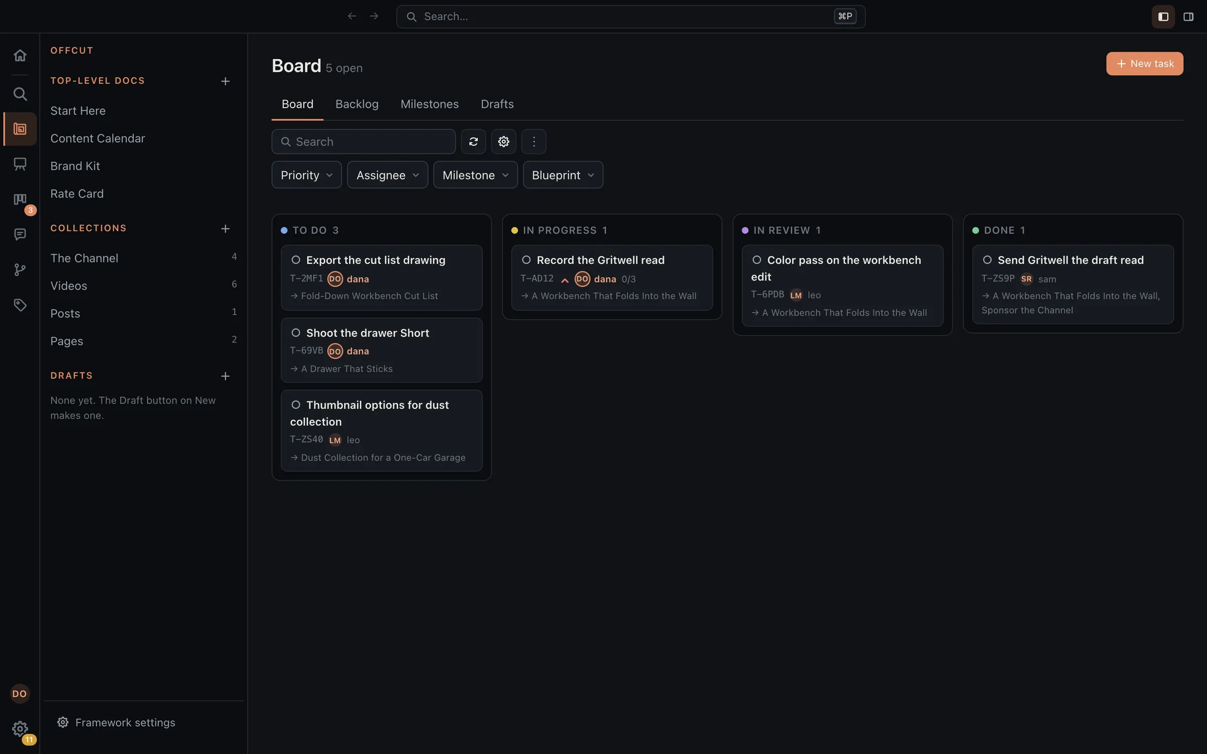 A production board for a fictional channel: tasks such as recording the sponsor read, a color pass, thumbnail options, and shooting a Short, each pointing at the video it is for.