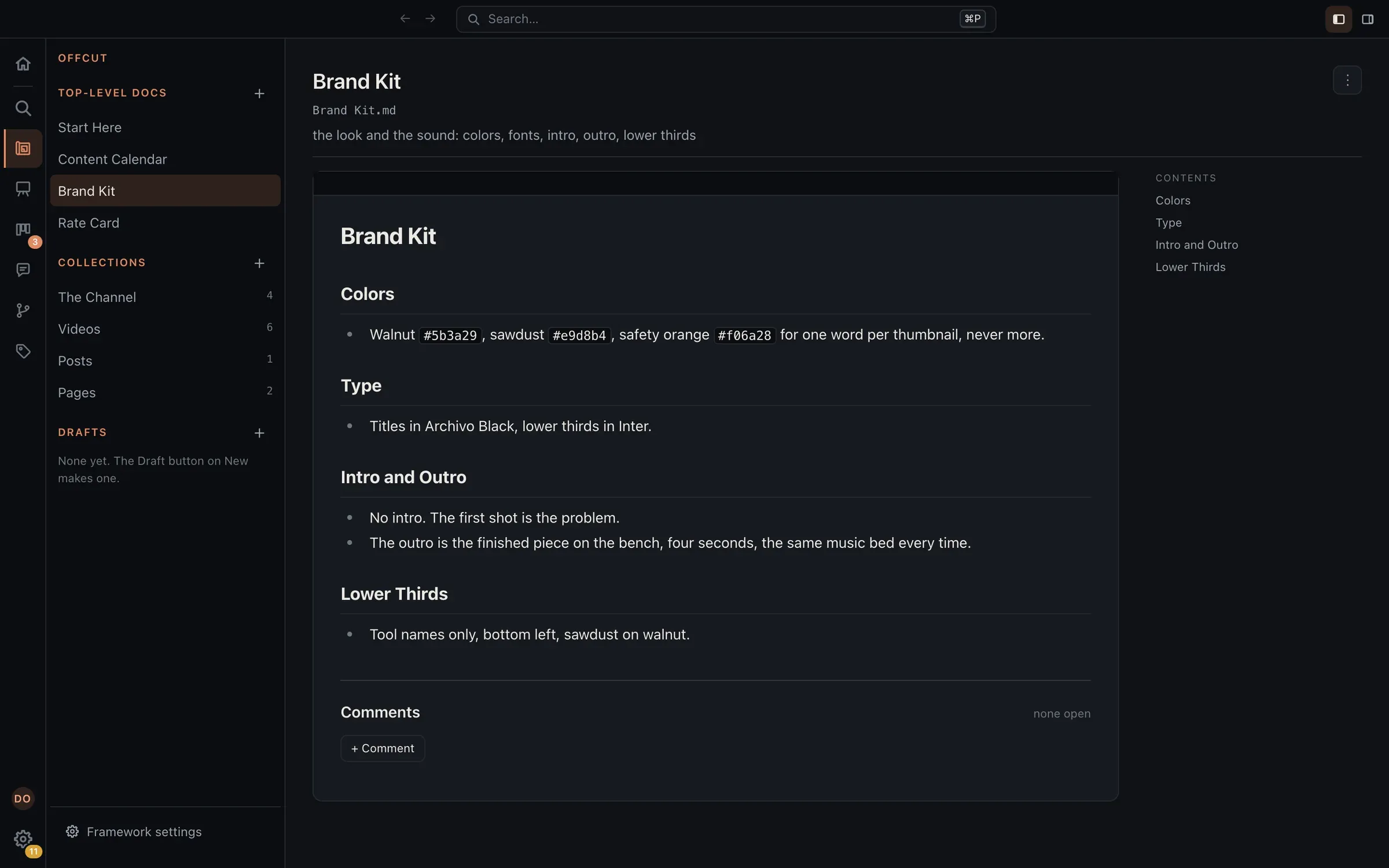 The Brand Kit page of a fictional channel: three colours with their codes, the title and lower-third fonts, the rule for intros and outros, and the lower thirds.