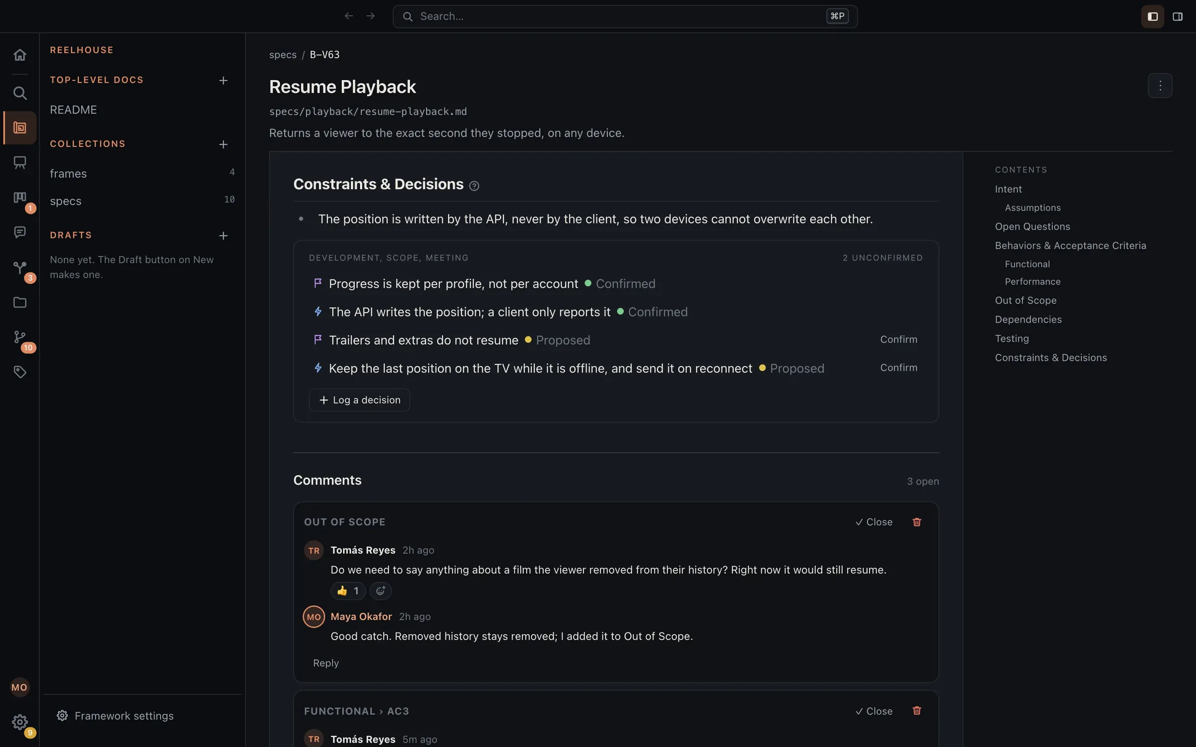 The Constraints & Decisions section of the Resume Playback blueprint: one constraint, then four decisions made for it, two Confirmed and two Proposed with a Confirm button each, and Log a decision below. The comment threads start underneath.