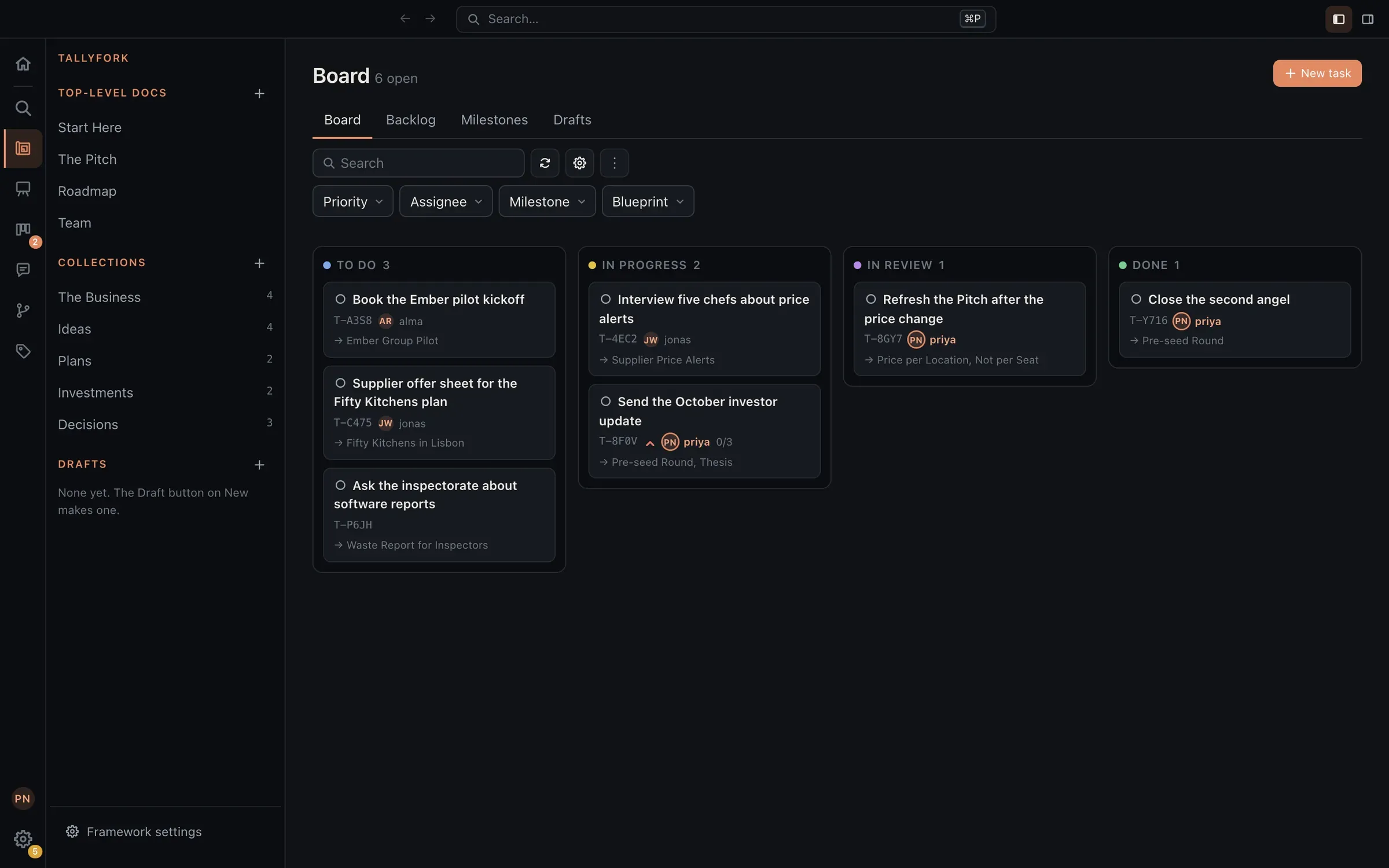 A board for a fictional startup: tasks such as sending the October investor update, interviewing chefs, and closing the second angel, each pointing at the plan, idea, or round it serves.