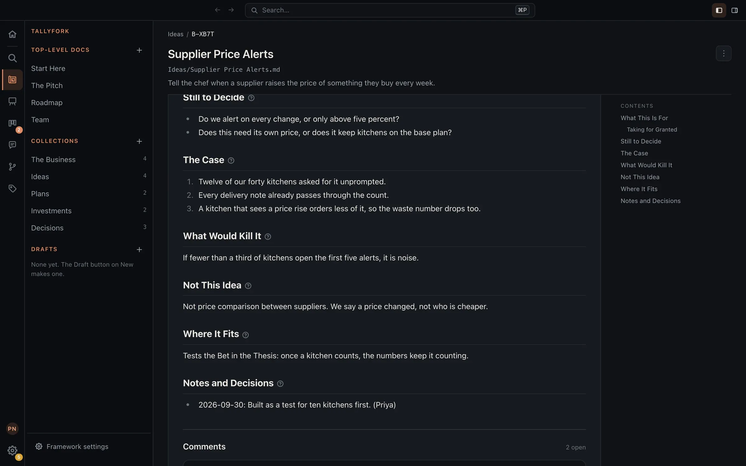 An idea page for supplier price alerts: the case as three numbered claims, what would kill it, what the idea is not, where it fits the thesis, and a dated note.