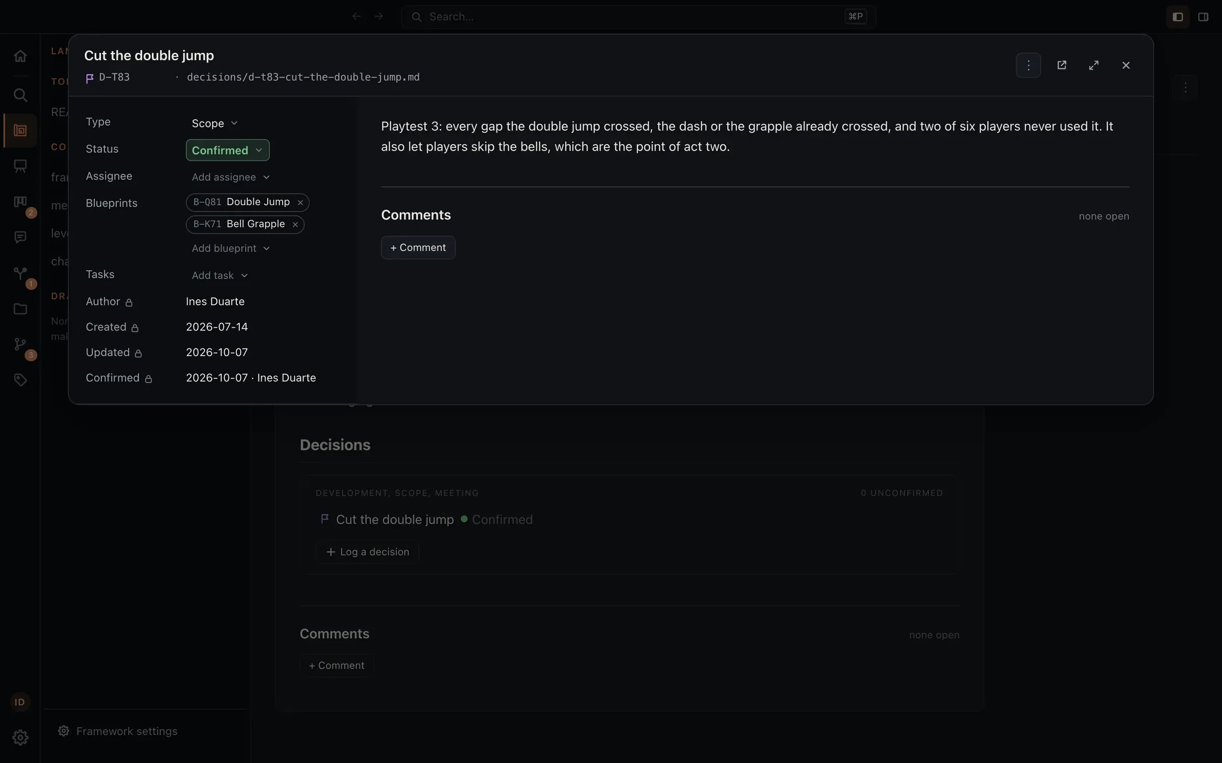 A scope decision in Eidos, “Cut the double jump”, made for the Double Jump and Bell Grapple pages: playtest 3 showed the dash or the grapple already crossed every gap, and it let players skip the bells. Confirmed by the designer, Ines Duarte.