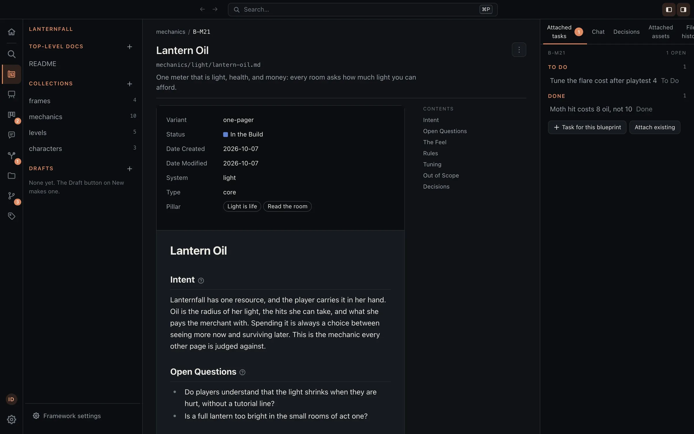 A mechanic page for a demo game, Lanternfall, open in Eidos: Lantern Oil, in the build, of the light system, serving two pillars, with its intent and open questions, and the playtest tasks attached to it beside the page.