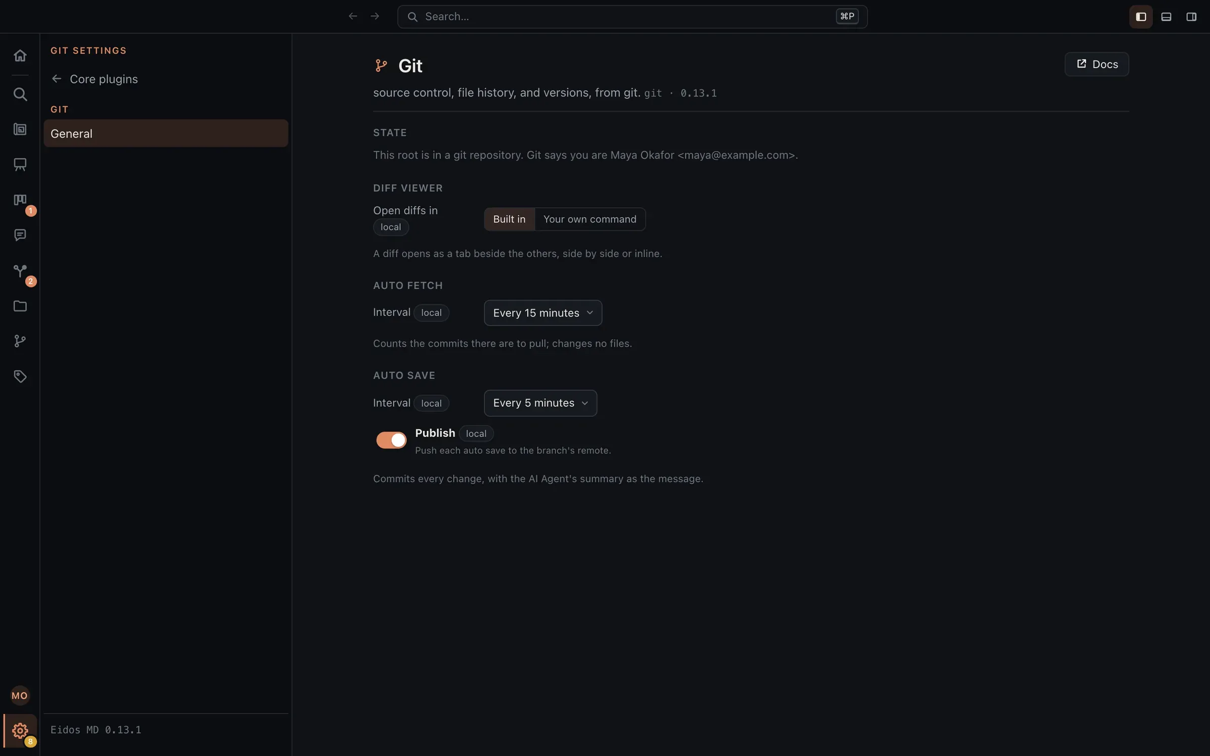 The Git settings page: the built-in diff viewer chosen, auto fetch every 15 minutes, and auto save every 5 minutes with Publish switched on.