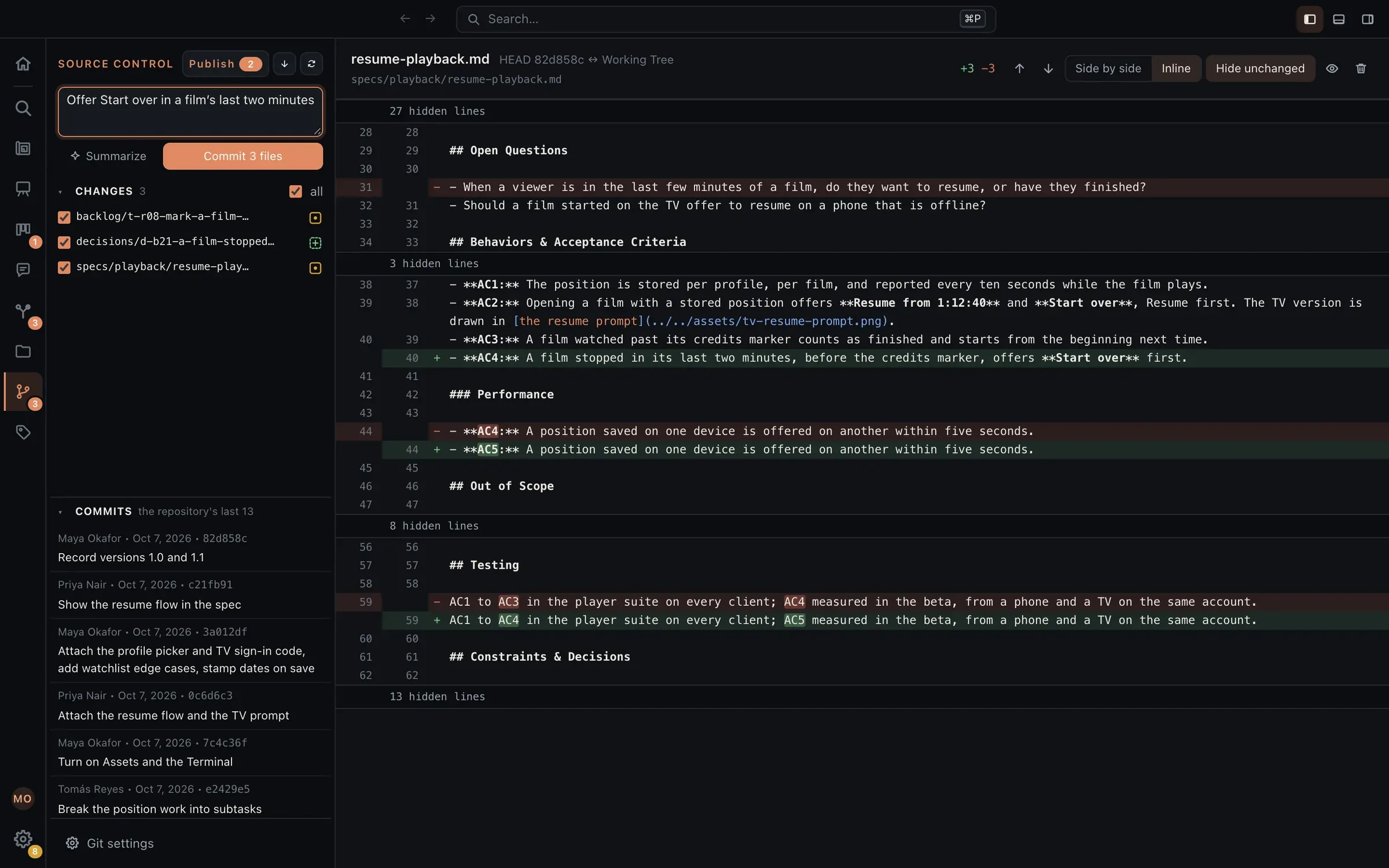 Source control in Eidos: three changed files ticked, a commit message box with Commit and Summarize, Publish with a count of commits the remote has not seen, the recent commits below, and one blueprint’s changes open beside it as a diff with the added lines marked.