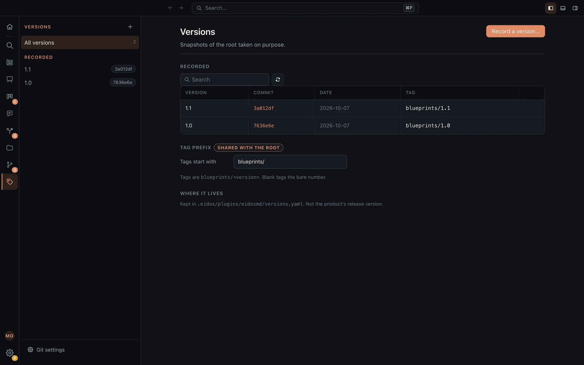The Versions page: versions 1.0 and 1.1, each with its commit, the commit’s date, and its tag, and the prefix every tag starts with.