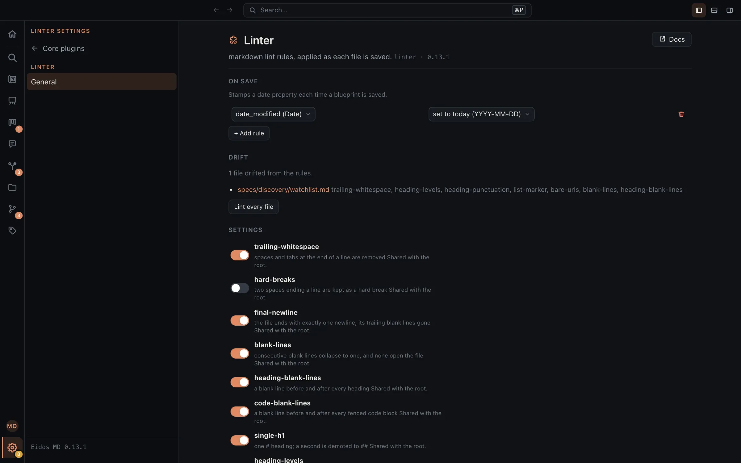 The Linter settings page: an on-save rule that sets Date Modified to today, one file listed under Drift with the rules it breaks and a Lint every file button, and the rules below, each with a switch.