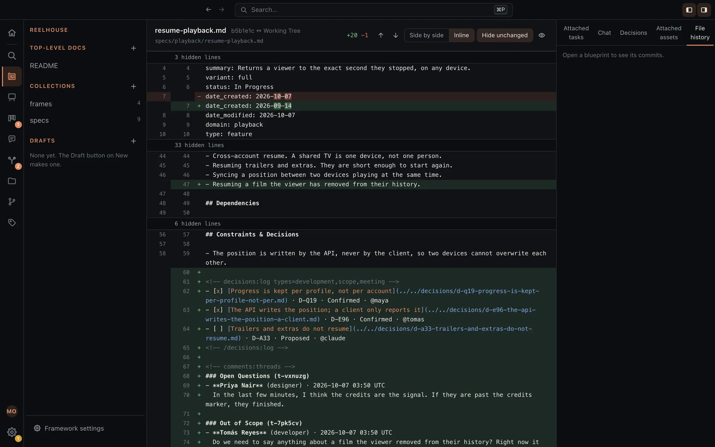A diff of a feature spec in Eidos: a criterion added to Out of Scope, and the spec’s decisions and comment threads added at its foot, each line marked green.