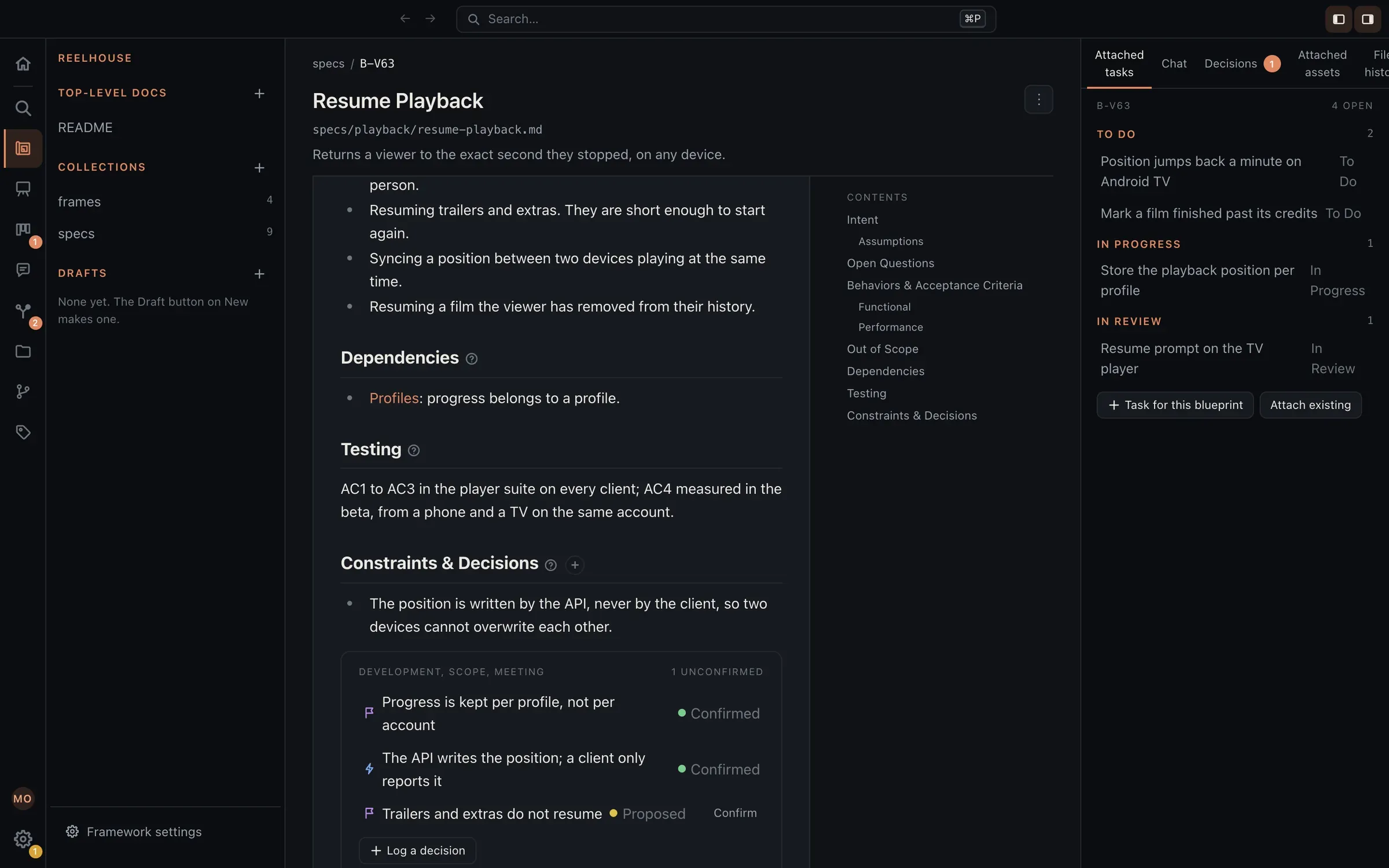 A feature spec in Eidos scrolled to its Out of Scope list and its decisions, two confirmed and one waiting to be confirmed.