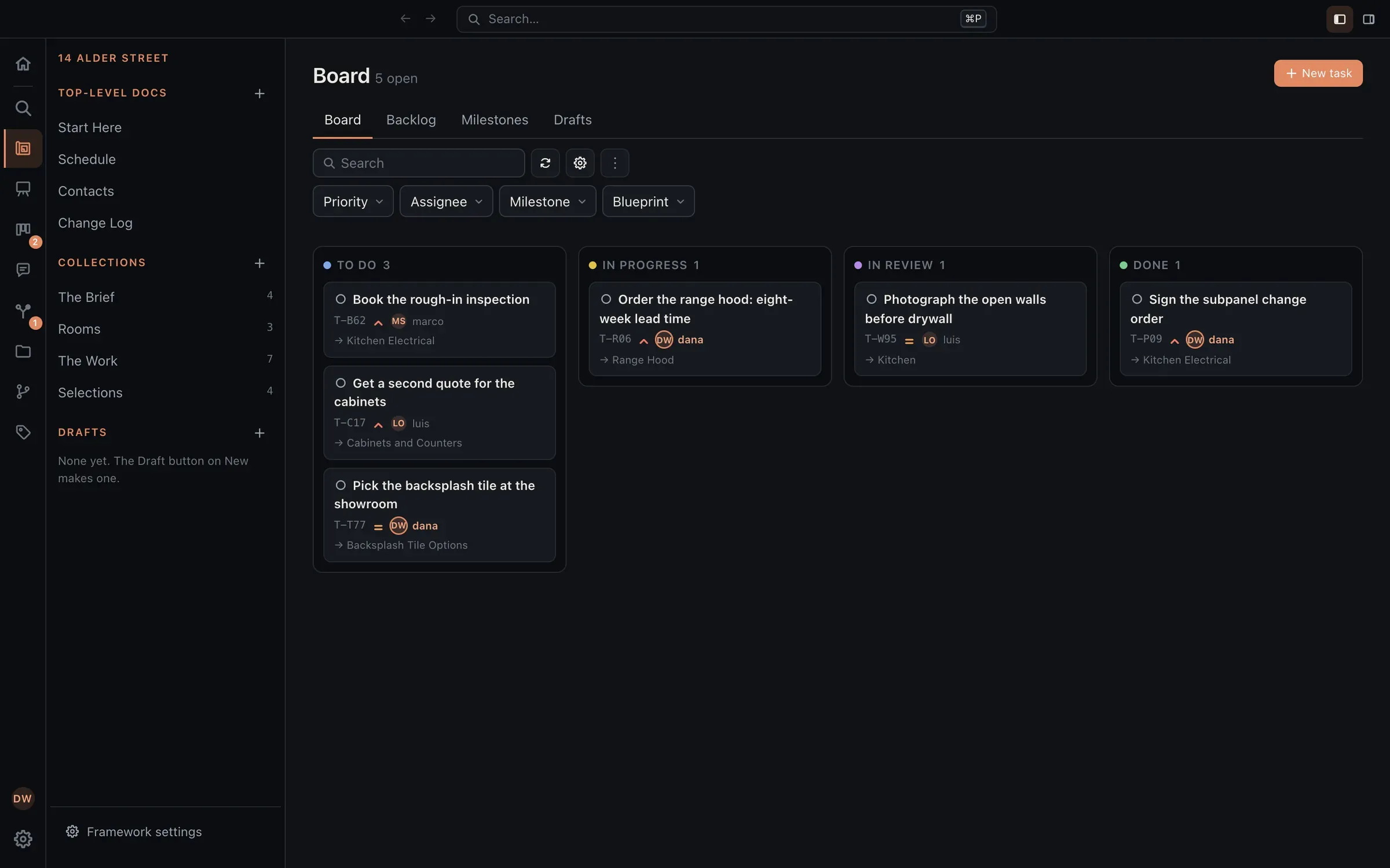 A renovation’s to-do board: booking the rough-in inspection, a second quote for the cabinets, ordering a range hood with an eight-week lead time, each pointing at the job or pick it is about.