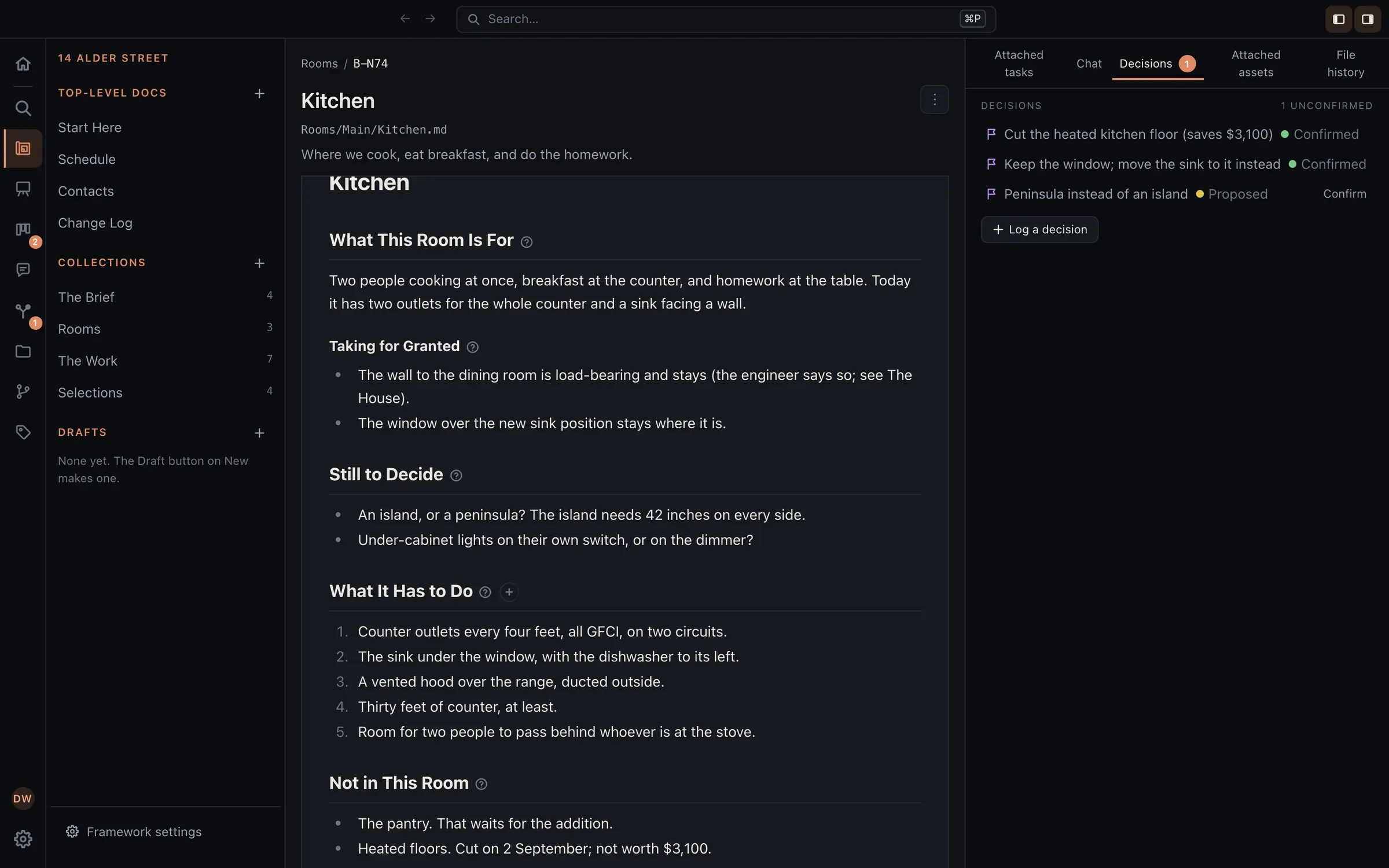 A kitchen renovation open in Eidos: the Kitchen page with what is still to decide (an island or a peninsula) and what the finished room has to do, numbered, and the decisions made for it in the panel beside the page, two confirmed and one waiting.