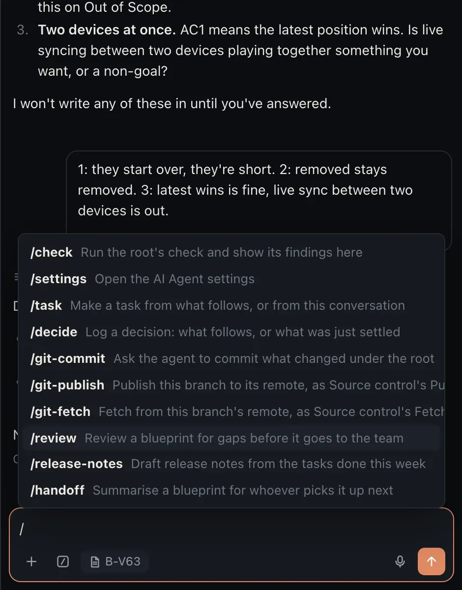 The AI Agent beside a blueprint with its slash command menu open: built-in commands such as /check, /task, and /decide, the Git plugin’s /git-commit, /git-publish, and /git-fetch, and three commands the team added, /review, /release-notes, and /handoff.
