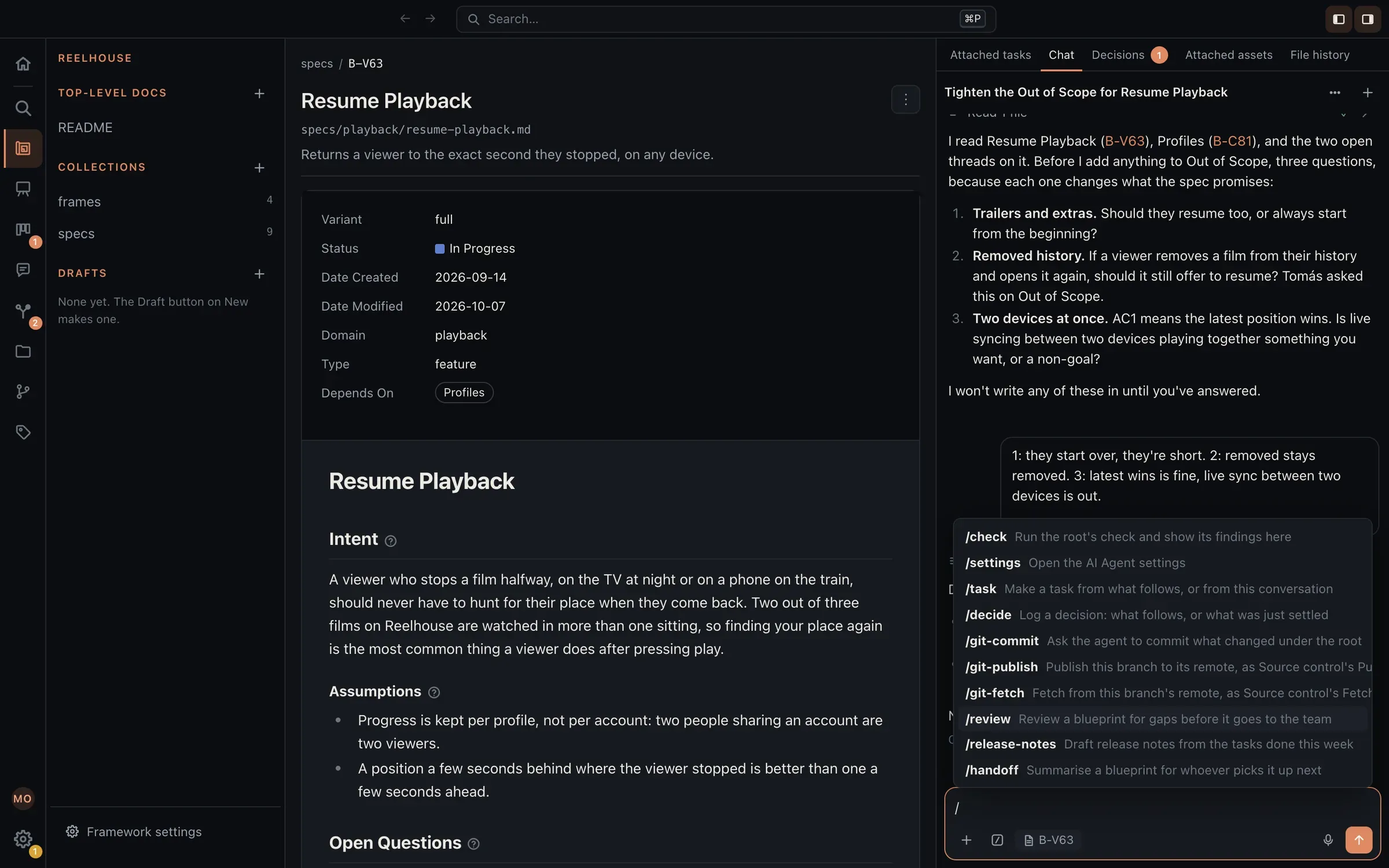 The AI Agent beside a blueprint, its slash command menu open: built-in commands such as /check, /task, and /decide, the Git plugin’s /git-commit, and three custom commands the team added, /review, /release-notes, and /handoff.