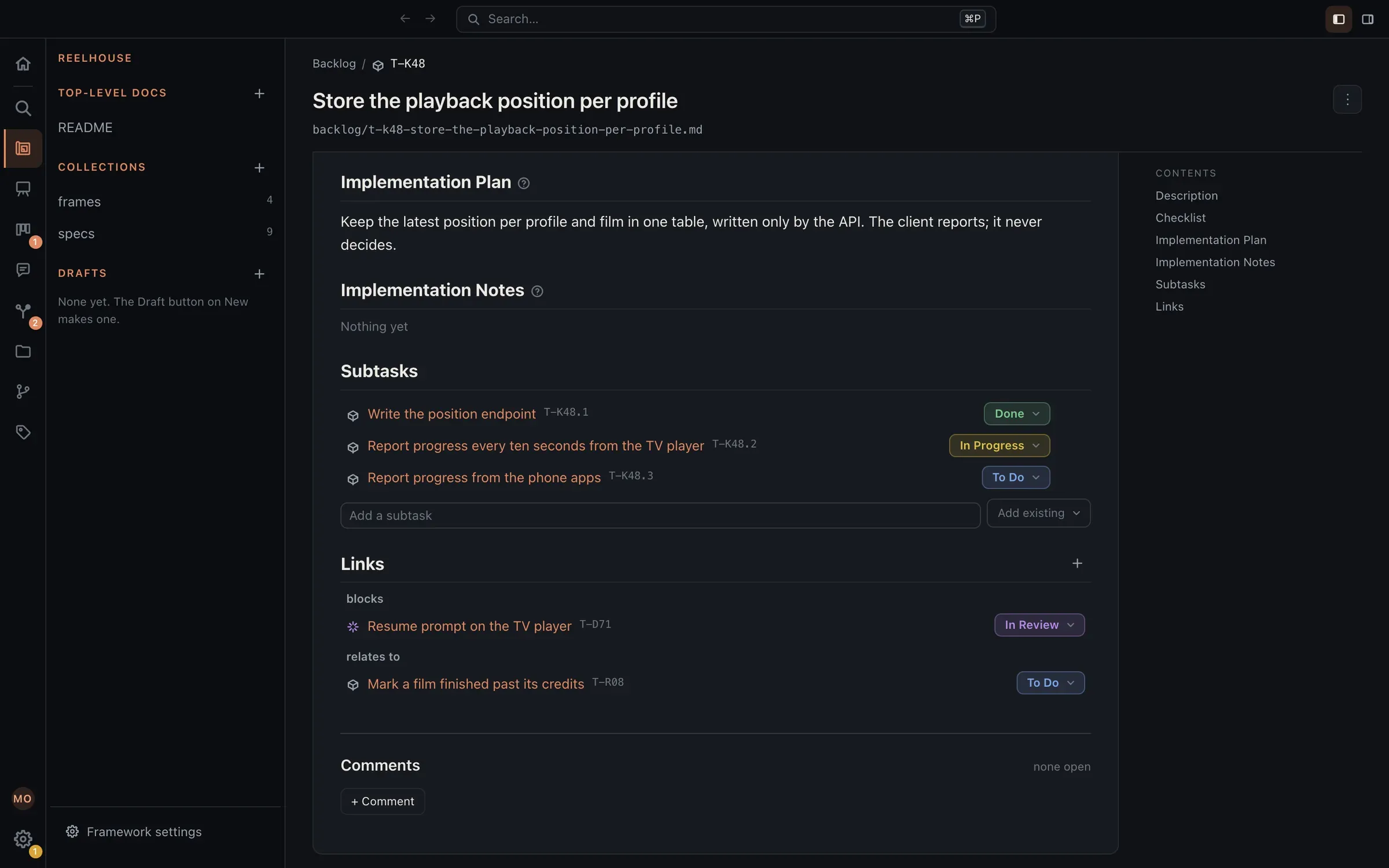 A task page showing its implementation plan, three subtasks with their statuses, and links: it blocks one task and relates to another.