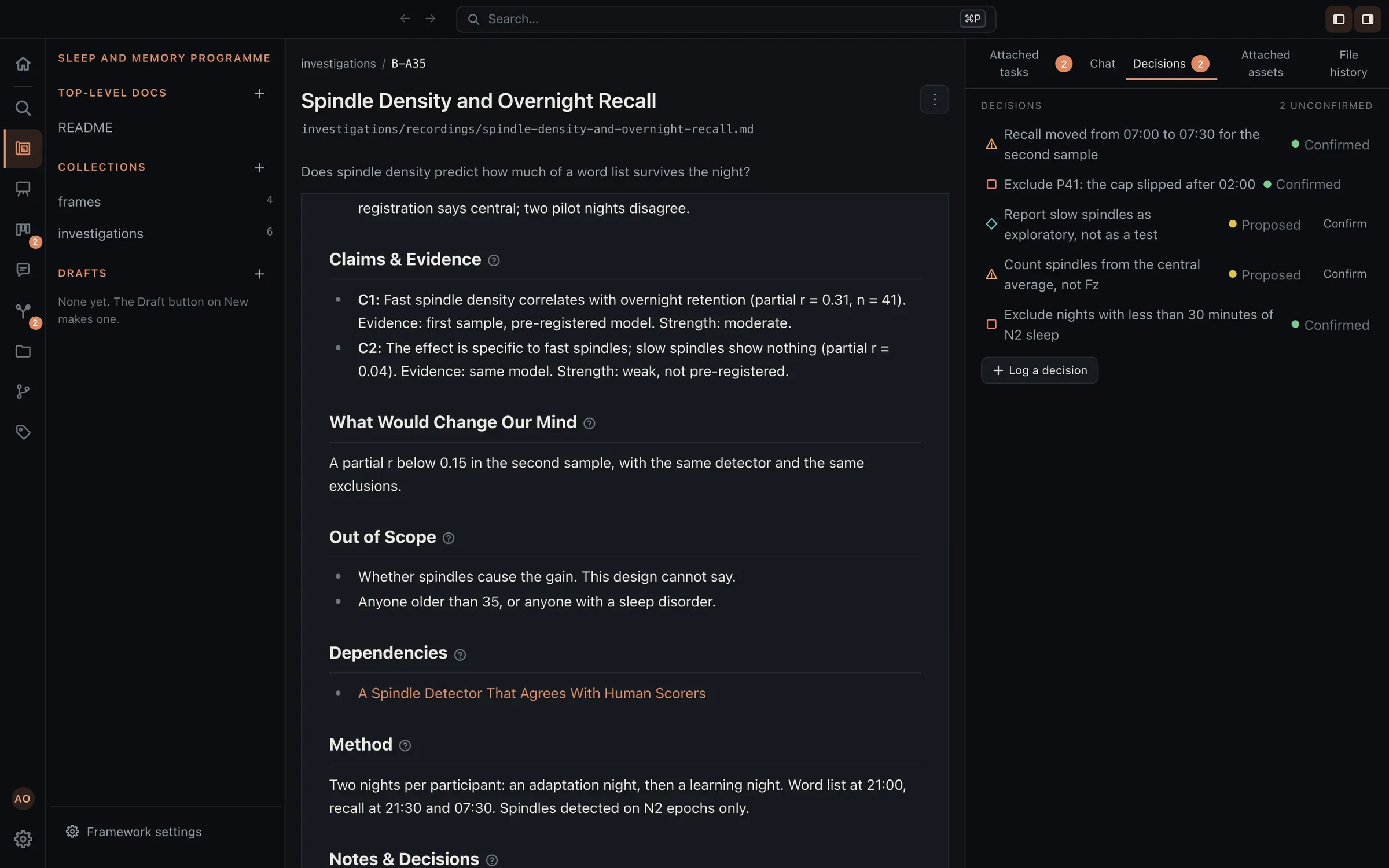 An investigation in a sleep and memory programme open in Eidos: its claims with their evidence and strength, what would change the lab’s mind, and what the design cannot tell you, with the decisions made for it (two exclusions, a deviation, and two calls still waiting to be confirmed) in the panel beside it.
