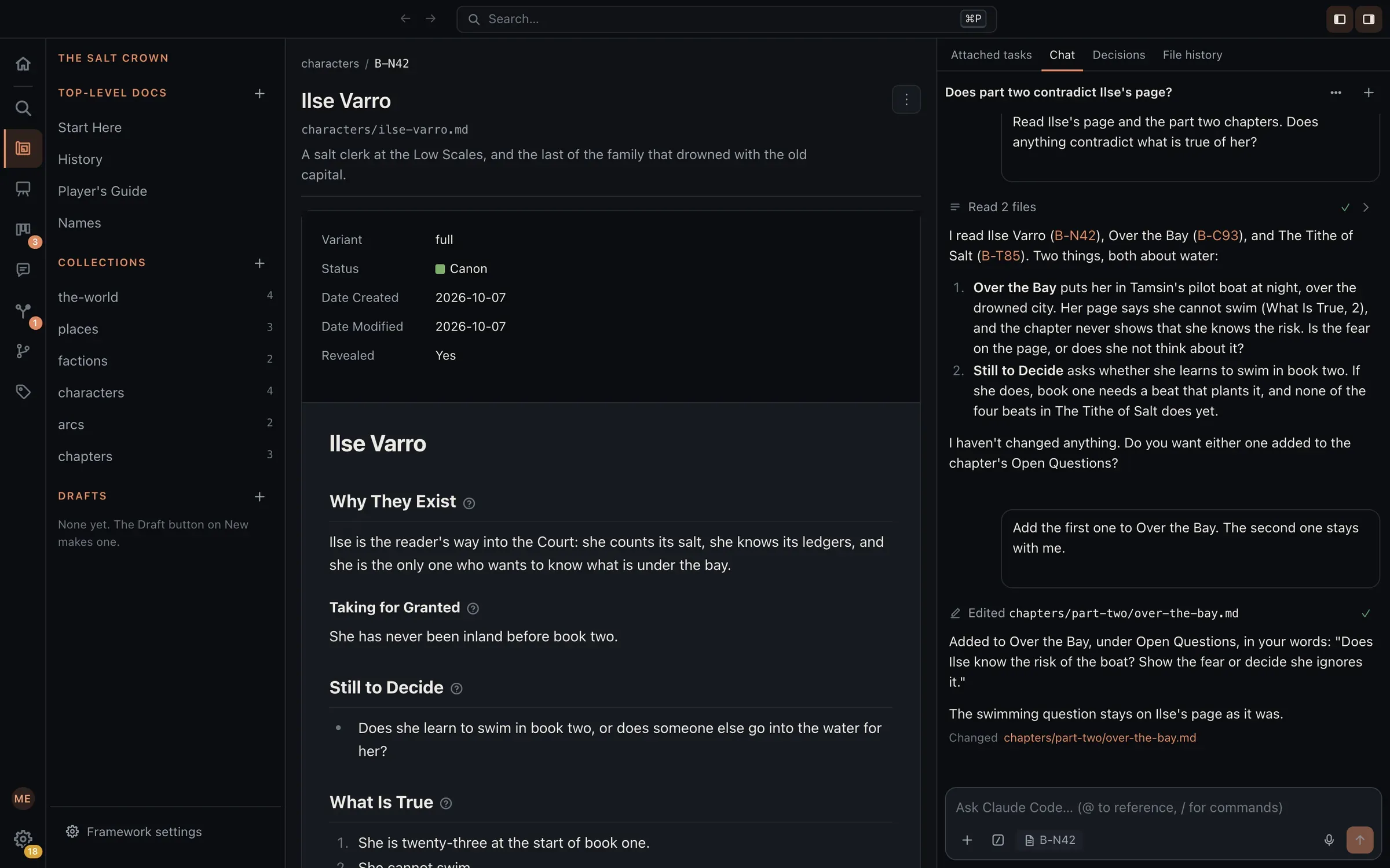 Eidos open on a fantasy series bible. The character page for Ilse Varro is in the middle, the collections (places, factions, characters, arcs, chapters) are in the sidebar, and the AI Agent beside it points out two places where part two contradicts her page, changing nothing until the author answers.